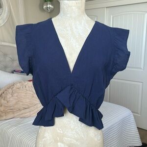 V-Neck Cropped Blue Blouse